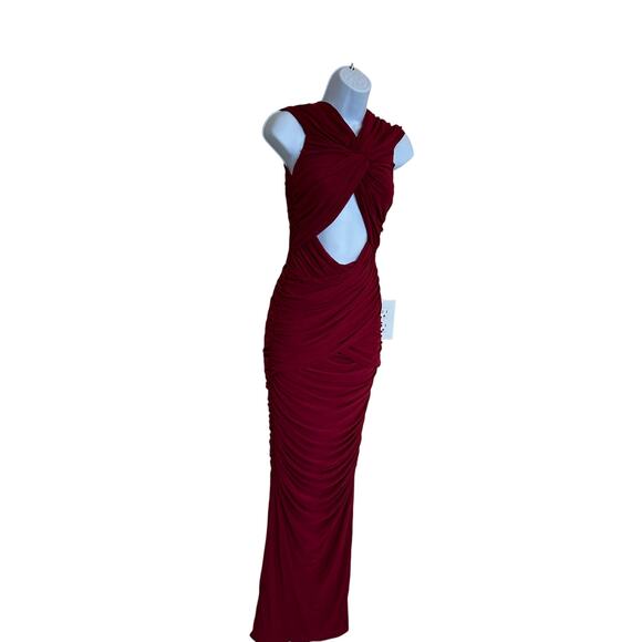 Ronny Kobo Red Ruched Maxi Dress MEDIUM Cutout Slinky Jersey Gown Designer $468 - Picture 6 of 13
